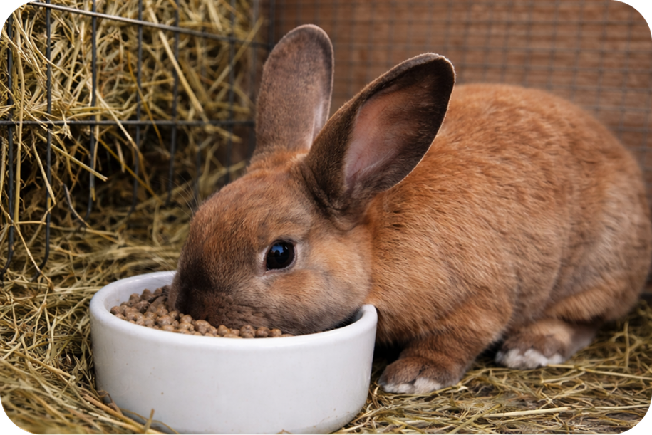 Bruin konijn dat eet uit een kom — symbool van zorg en vertrouwen